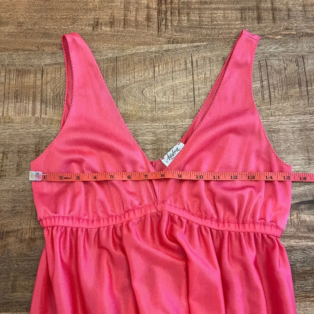 Vintage 70s Maxi Nylon Babydoll Slip Dress M Tiered Coral Pink Nightgown Lingeri